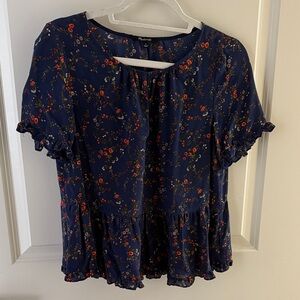 Madewell Navy Floral Blouse with Red Accents